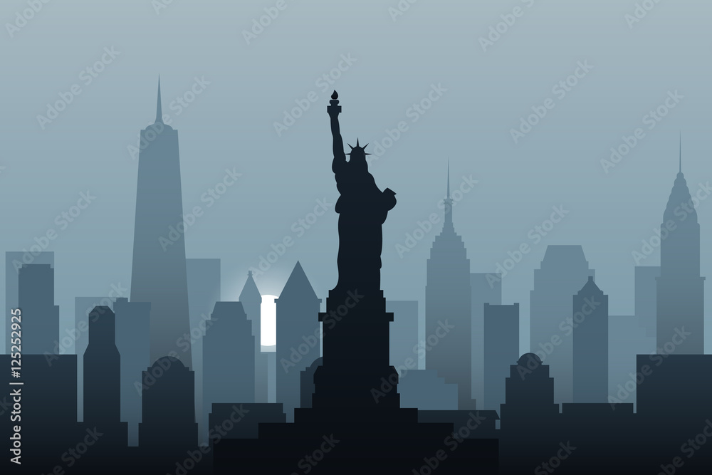 New York skyline in the morning. Morning haze over the city of New York.
