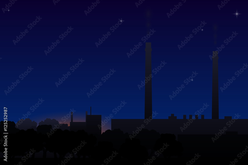 Power plant skyline at night. Silhouette illustration of a factory.