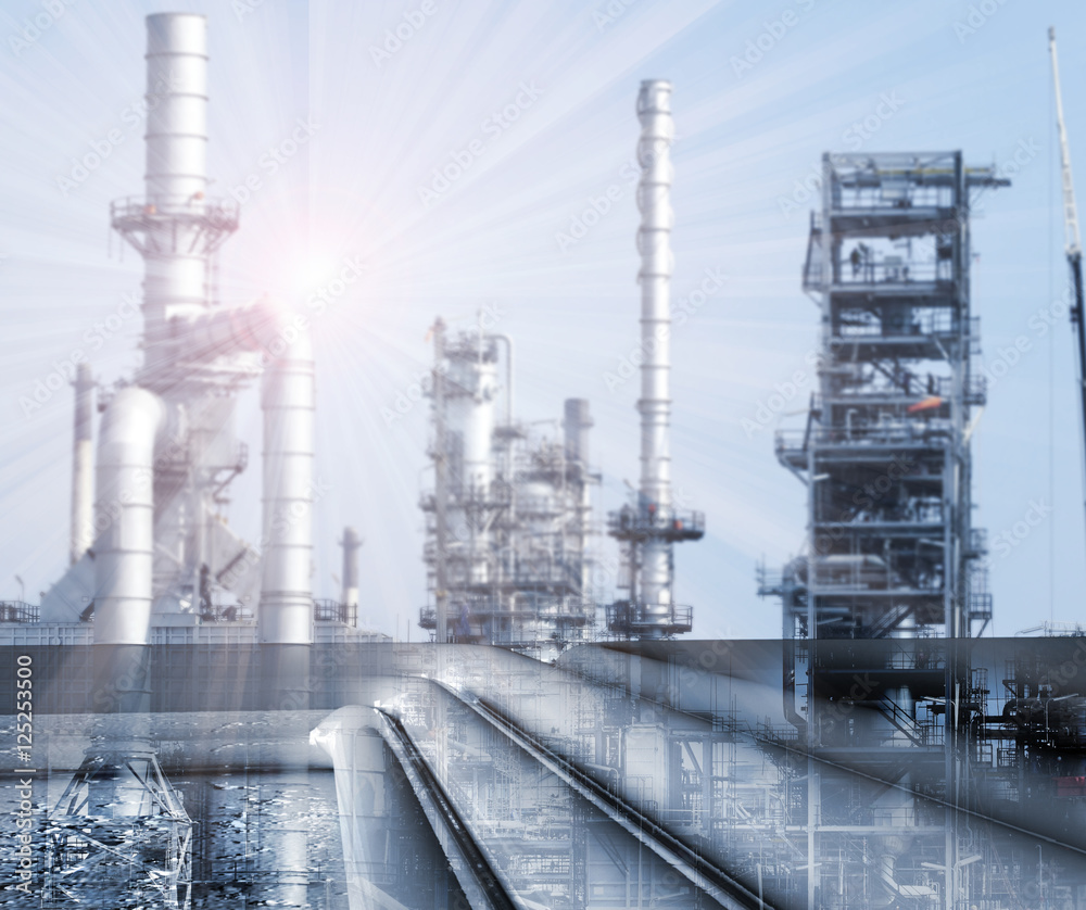 Obraz premium pipelines , towers, oil and gas refinery,Tubes running in the direction of Pipeline transportation is most common way of transporting goods such as Oil, natural gas or water on long distances.