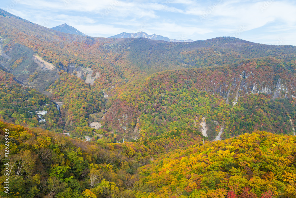 Mt.Nantai surrounded by autumn colours in Autumn