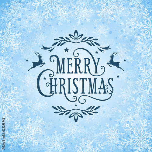 Christmas greeting card with typography design on the abstract snowflakes background.