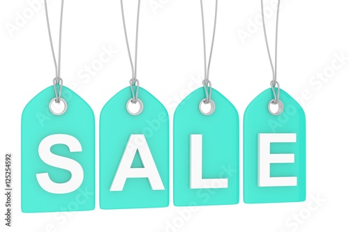 Turquoise isolated sale labels on white background. Price tags. Special offer and promotion. Store discount. Shopping time. 3D rendering.