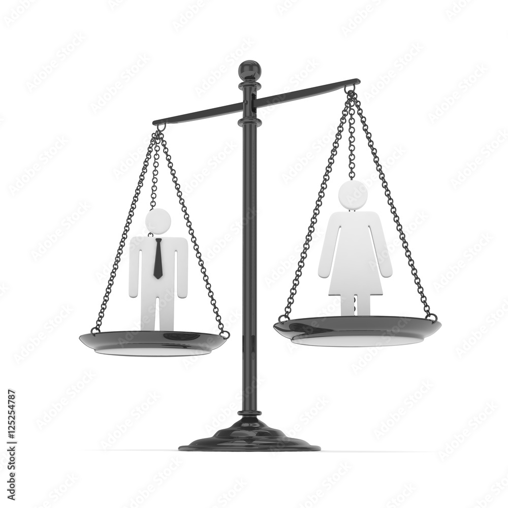 Isolated old fashioned pan scale with man and woman on white background. Gender inequality. Equality of sexes. Law issues. Silver model. 3D rendering. Isolated old fashioned pan scale with man and woman on white background. Gender inequality. Equality of sexes. Law issues. Silver model. 3D rendering.