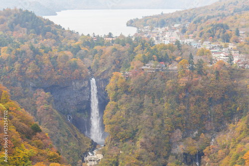 Landscape of The Kegon Falls near Nikko, Japan surrounded by aut