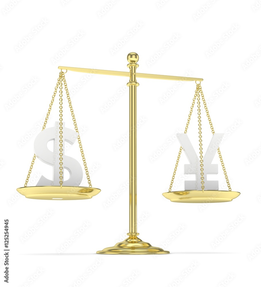 Isolated old fashioned pan scale with dollar and yuan,yen on white background. American and chinese and japanese currency. Currency equality. 3D rendering. Isolated old fashioned pan scale with dollar and yuan,yen on white background. American and chinese and japanese currency. Currency equality. 3D rendering.