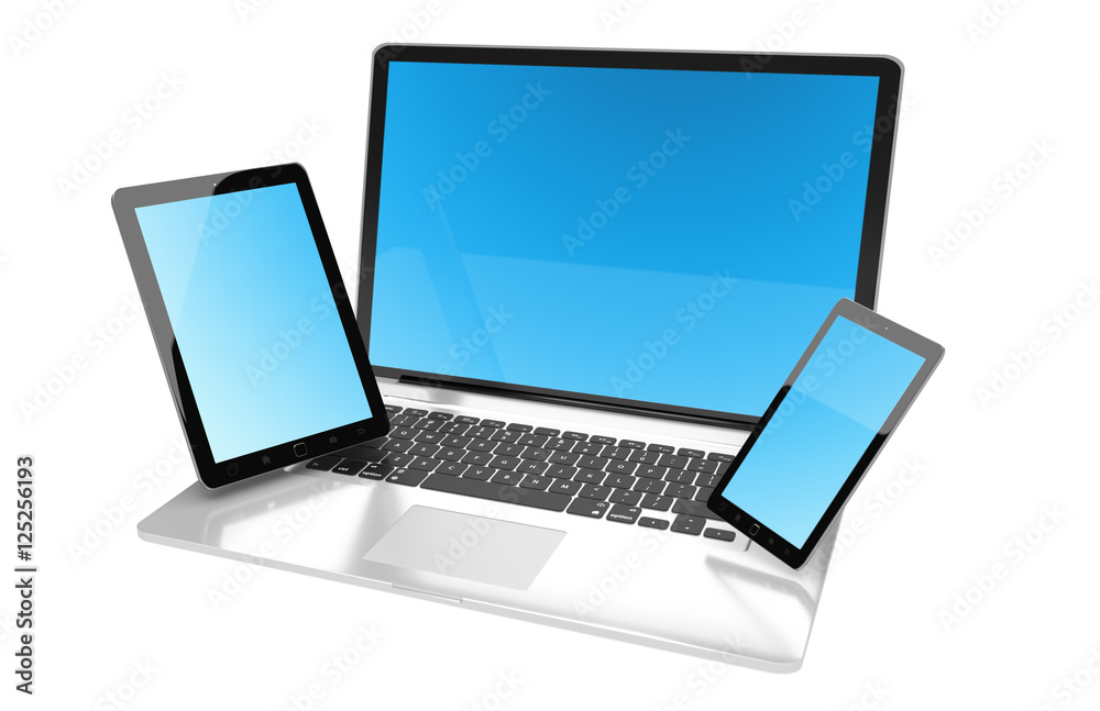 Laptop mobile phone and tablet connected to each other 3D render Laptop mobile phone and tablet connected to each other 3D render