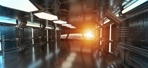 Fototapeta Naklejka Na Ścianę i Meble -  Spaceship interior with view on the planet Earth 3D rendering el