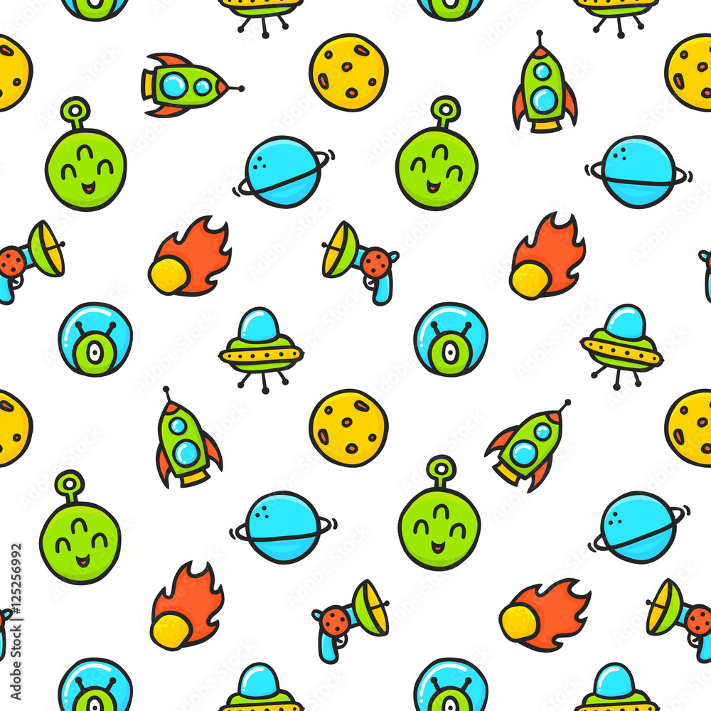 Cartoon doodle kawaii style alien space ufo seamless vector pattern