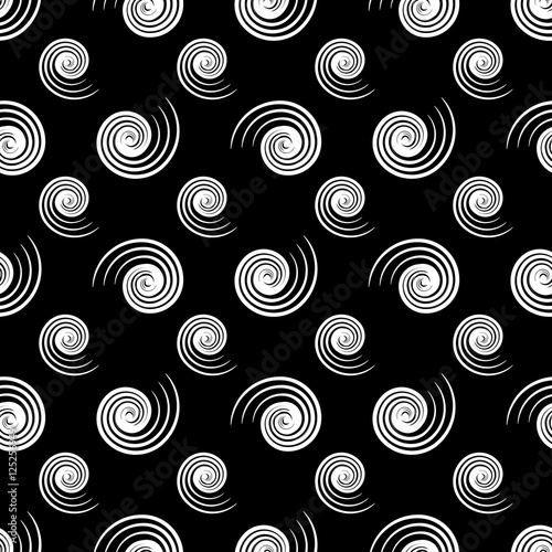 White abstract with spirals geometric seamless pattern on black background