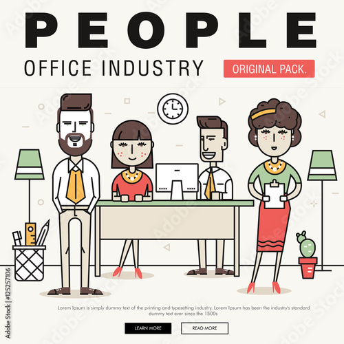 Modern office people industry. Thin line business day concept. Coworking creative and meeting teamwork elements. Corporate human infographics and icons idea concept symbol.