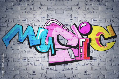 Colorful word MUSIC on brick wall background. Graffiti style