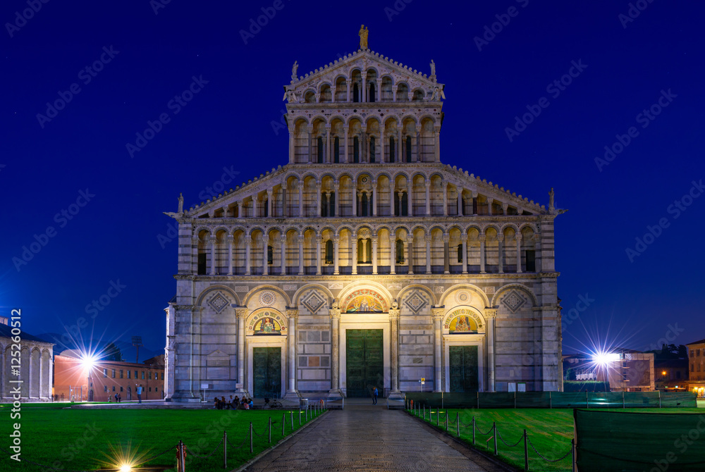 Night view of Pisa Cathedral (Duomo di Pisa) on Piazza dei Miracoli in Pisa, Tuscany, Italy