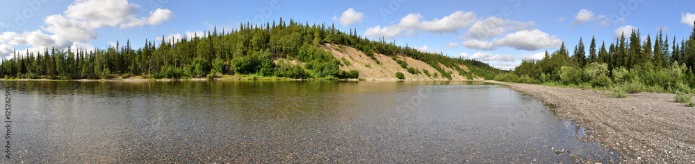 Panoramic river landscape in the polar Urals. Panoramic river landscape in the polar Urals.