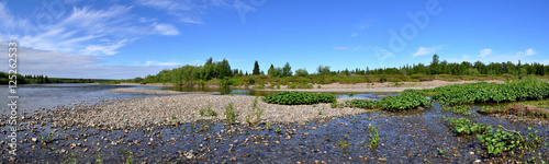 Panoramic river landscape in the polar Urals.