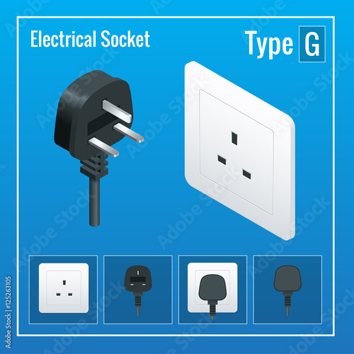 Isometric Switches and sockets set. Type G. AC power sockets realistic illustration. Power outlet and socket isolated. Plug socket.