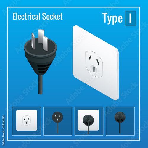 Isometric Switches and sockets set. Type I. AC power sockets realistic illustration. Power outlet and socket isolated. Plug socket.