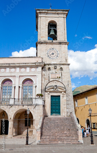 Norcia, Italy - August 17, 2014: Norcia's Town Hall Tower before