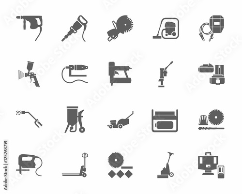 Construction tools and consumables, monochrome icons. Gray, vectors, equipment for construction and renovation on a white background. 