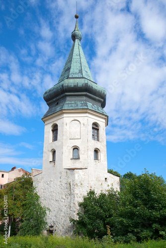 Ancient tower of the Town hall in the August afternoon. Vyborg, Russia