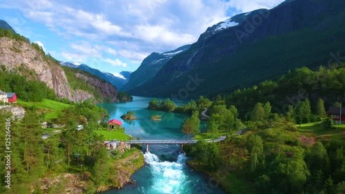 Beautiful Nature Norway natural landscape. Aerial footage lovatnet lake. photo