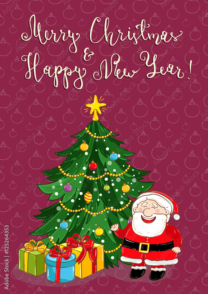 Naklejka premium Merry christmas and Happy New Year cartoon concept with lettering. Cute Santa, wrapped gifts, decorated christmas tree vector on red. Xmas celebrating. For greeting card, party invitations design