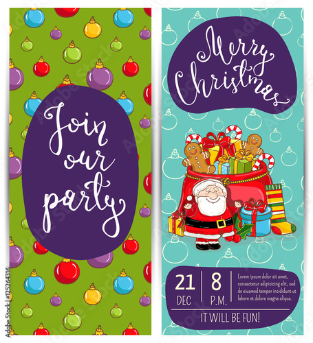 Invitation on Christmas party with date and time. Cheerful Santa, sack with gifts, sweet snacks, sock, holly, toys cartoon vectors. Merry Christmas and happy New Year greetings. Xmas fun celebrating