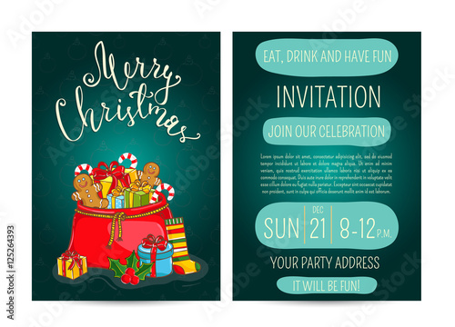 Invitation on Christmas party with date and time. Large Santasack with gifts, sweets, sock, holly, toys cartoon vectors. Merry Christmas and happy New Year greetings. Xmas holiday fun celebrating
