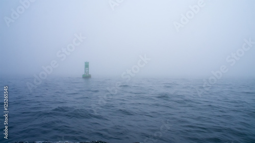 Green channel marker buoy in the fog