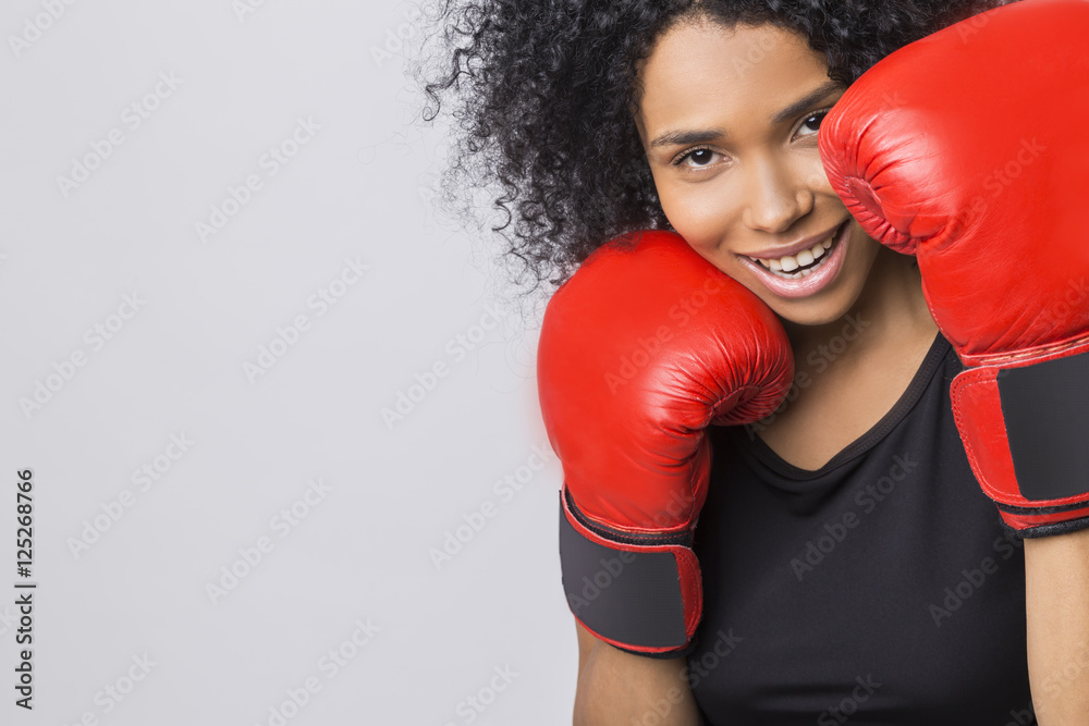 Close up of cheerful woman in fight stand