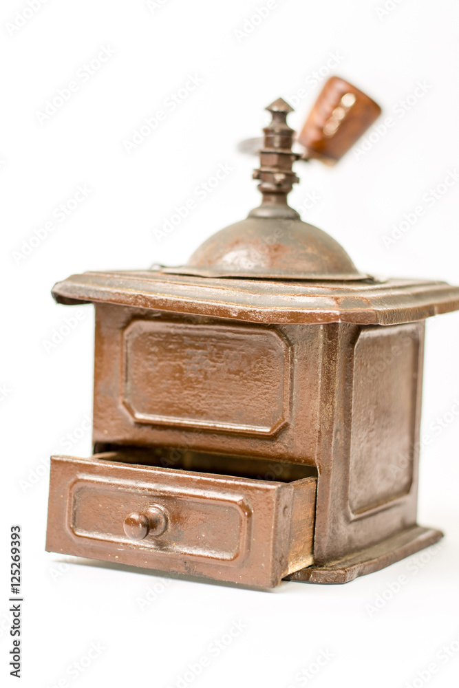 Old rustic wooden hand mill for coffee and spices Old rustic wooden hand mill for coffee and spices