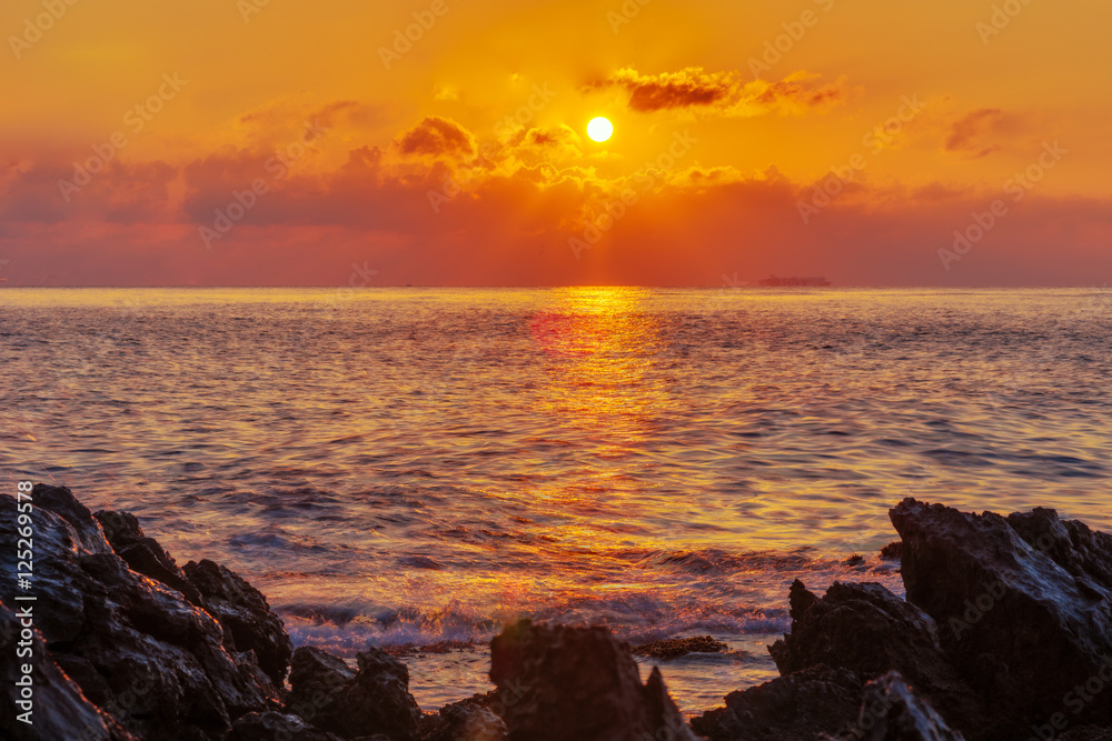 Morning Coast Sunrise on Island Sicily in Italy, Europe with sunr