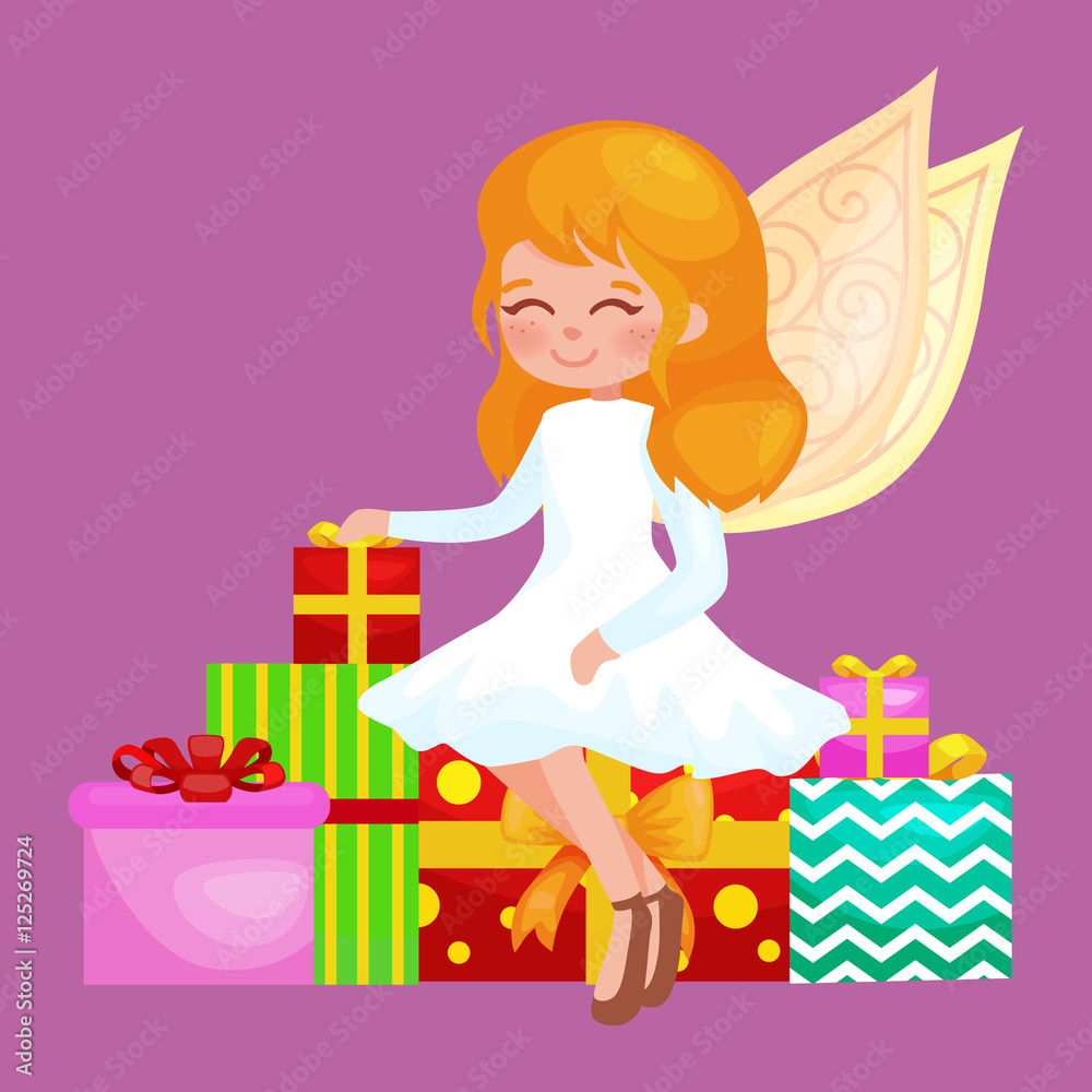 christmas holiday girl angel with wings and gifts box like symbol in Christian religion or new year vector illustration christmas holiday girl angel with wings and gifts box like symbol in Christian religion or new year vector illustration