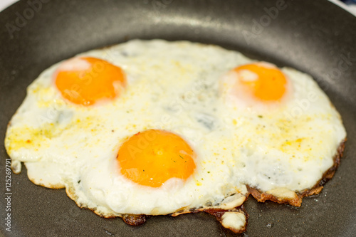 Closeup macro view of fried eggs in teflon frying pan
