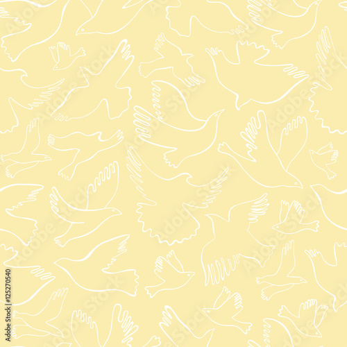 Seamless pattern with white lineal birds on creamy background. Vector hand drawn birds.