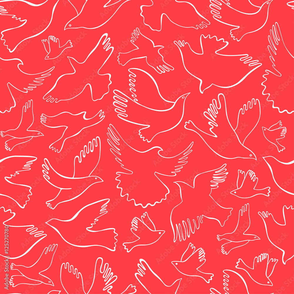 Seamless pattern with white lineal birds on red background. Vector hand drawn birds. Seamless pattern with white lineal birds on red background. Vector hand drawn birds.