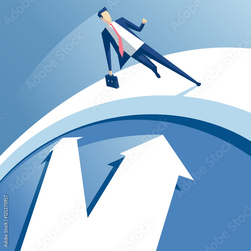 businessman running along the edge of the dial, the employee is trying to overtake the time, a man in a suit wants to win the race against time, business concept illustration