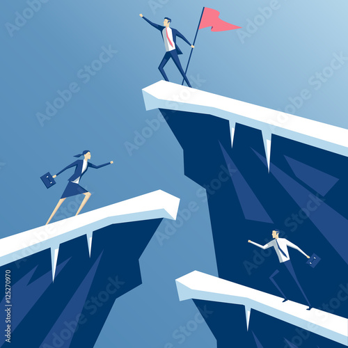 businessman first reached the summit of the mountain with a flag, business people competing in mountain climbing. employees run on the rocks to the flag, business concept win and competition