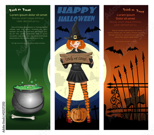 Halloween night backgrounds set with girl in witch costume on a background of the full moon, pumpkin, jack-o'-lantern, cemetery and magic cauldron. Vector illustration