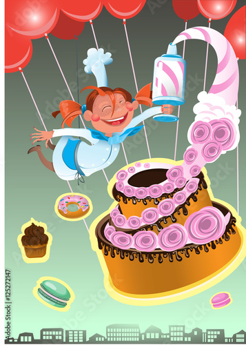 confectioner Illustration of sweet baked vector isolated cakes set.Strawberry cake for holiday, cupcake,  brown chocolate   gourmet, colorful birthday celebration cherry fruit  bakery