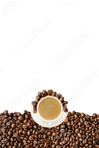 A white cup of coffee and beans isolate on white background with copy space