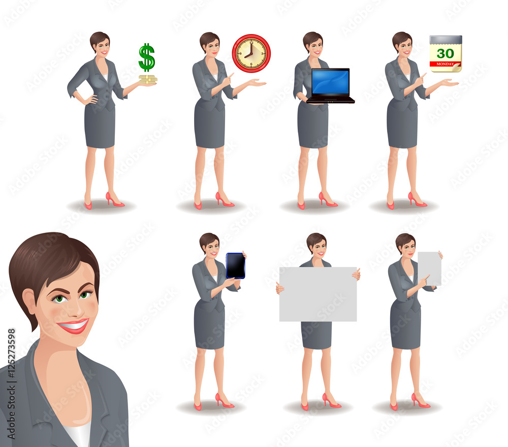 Set of smiling businesswoman. Cute girl in suit standing in different presentation poses: with dollars, clock, laptop, tablet, calendar, placard, sheet of paper. Vector illustration Set of smiling businesswoman. Cute girl in suit standing in different presentation poses: with dollars, clock, laptop, tablet, calendar, placard, sheet of paper. Vector illustration