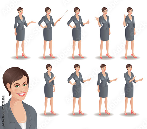Set of cartoon smiling businesswoman in suit standing in different presentation poses. Vector illustration isolated on white background.