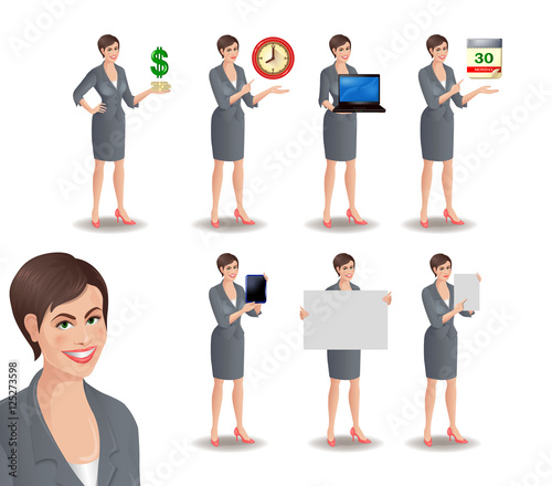 Set of smiling businesswoman. Cute girl in suit standing in different presentation poses: with dollars, clock, laptop, tablet, calendar, placard, sheet of paper. Vector illustration