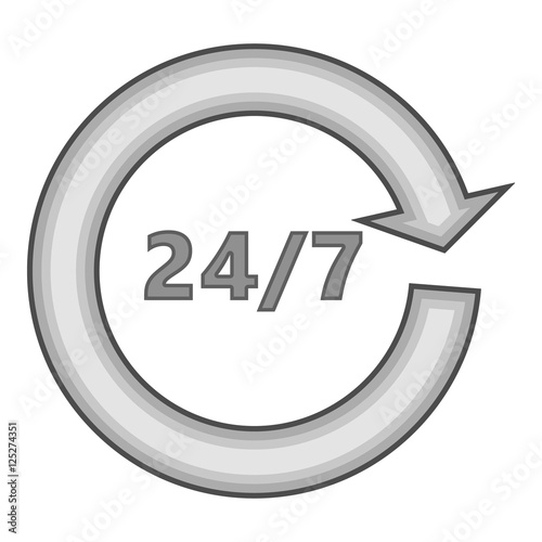 Twenty four hours by seven days service icon. Gray monochrome illustration of 24 hours 7 days service vector icon for web design