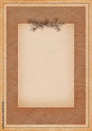 Rectangular brown vintage frame with engraving of pine branches, Christmas background, template, design element