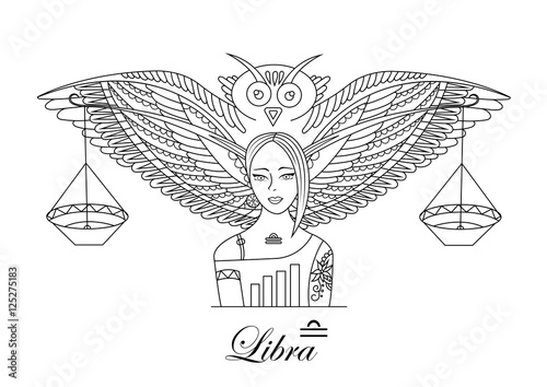 Zodiac sign Libra. Beautiful girl with an owl and weights.