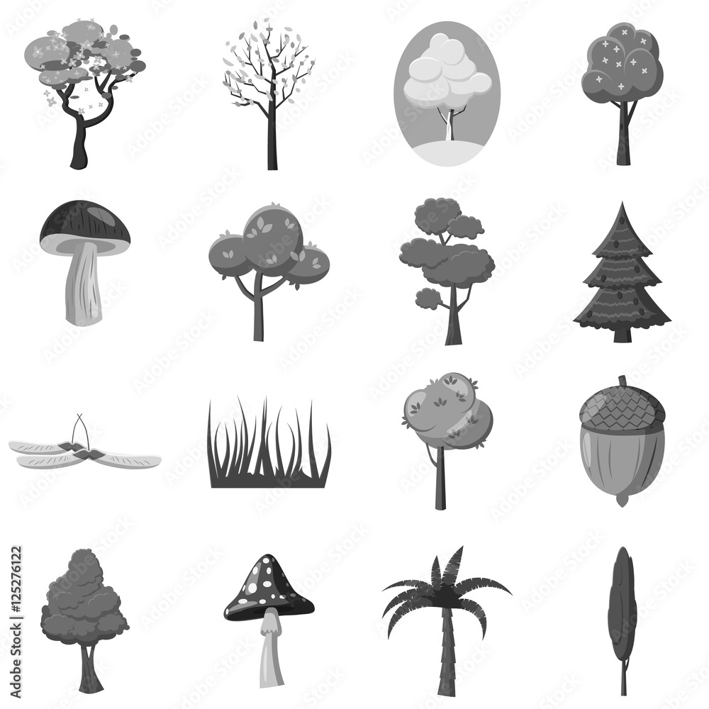 Forest elements icons set. Gray monochrome illustration of 16 forest vector icons for web