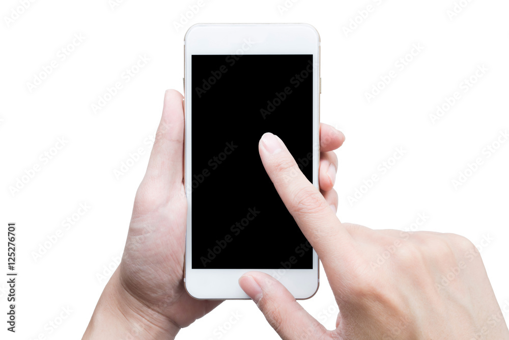 Man using a smartphone on isolated white background.