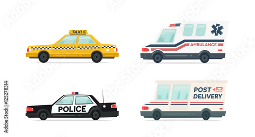 Set of cartoon ambulance, police, delivery and yellow taxi car. Delivery, law and aid symbol. Vector auto, trailer and van design template. Isolated objects on white background in flat style.