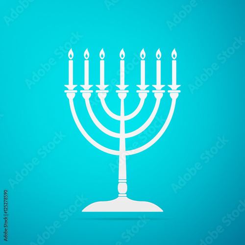 Hanukkah menorah flat icon on blue background. Vector Illustration